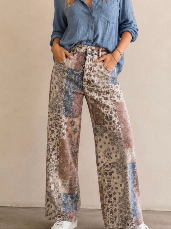 Risen Jeans Denim - Risen High Rise Paisley Patchwork Wide Leg Ankle Jeans